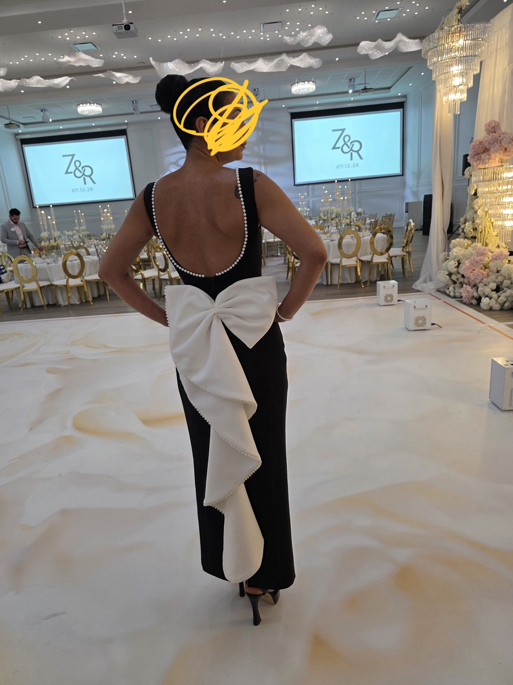 Black Backless Evening Dress with Dramatic White Bow